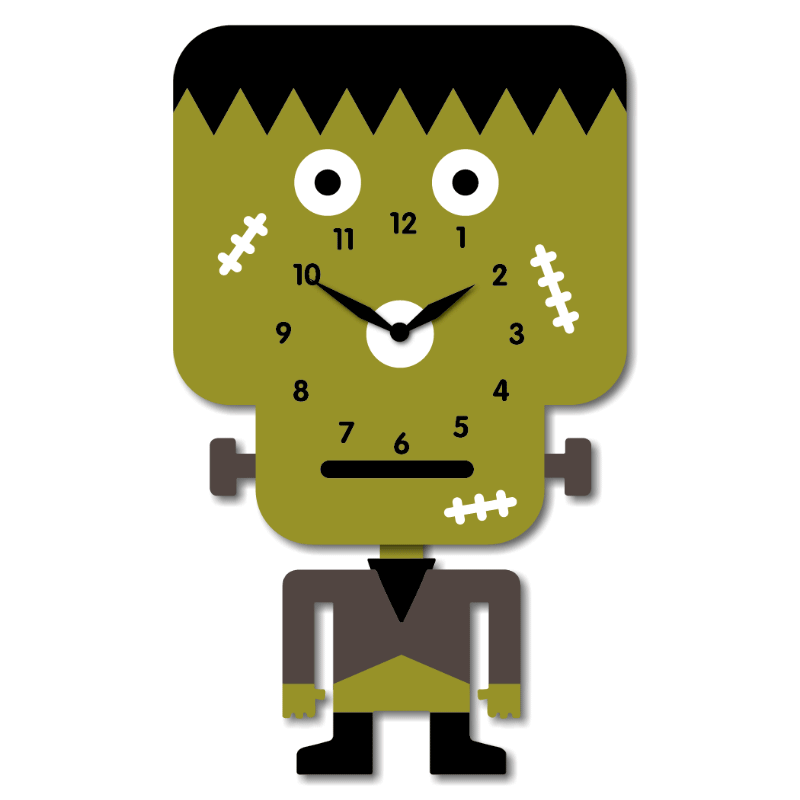 "Frank" - Cute Green Frankenstein Pendulum Wall Clock, Cartoon Style, MDF, Matt Finish, 13.8'x8.3'x1.8', White Gift Box