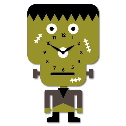 "Frank" - Cute Green Frankenstein Pendulum Wall Clock, Cartoon Style, MDF, Matt Finish, 13.8'x8.3'x1.8', White Gift Box