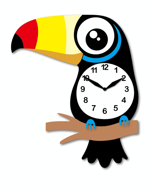 "Tango" - Vibrant Cartoon Style Toucan Pendulum Wall Clock, Colorful, MDF, 12.6'x9.8'x1.8', Elegant White Gift Box