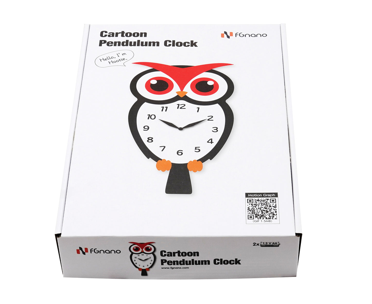 "Hootie" - Charming Owl Shaped Pendulum Wall Clock, Cartoon Style, Bright White/Red/Black, MDF, 13.8'x7.7'x1.8', Elegant White Gift Box