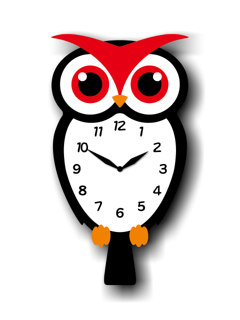 "Hootie" - Charming Owl Shaped Pendulum Wall Clock, Cartoon Style, Bright White/Red/Black, MDF, 13.8'x7.7'x1.8', Elegant White Gift Box
