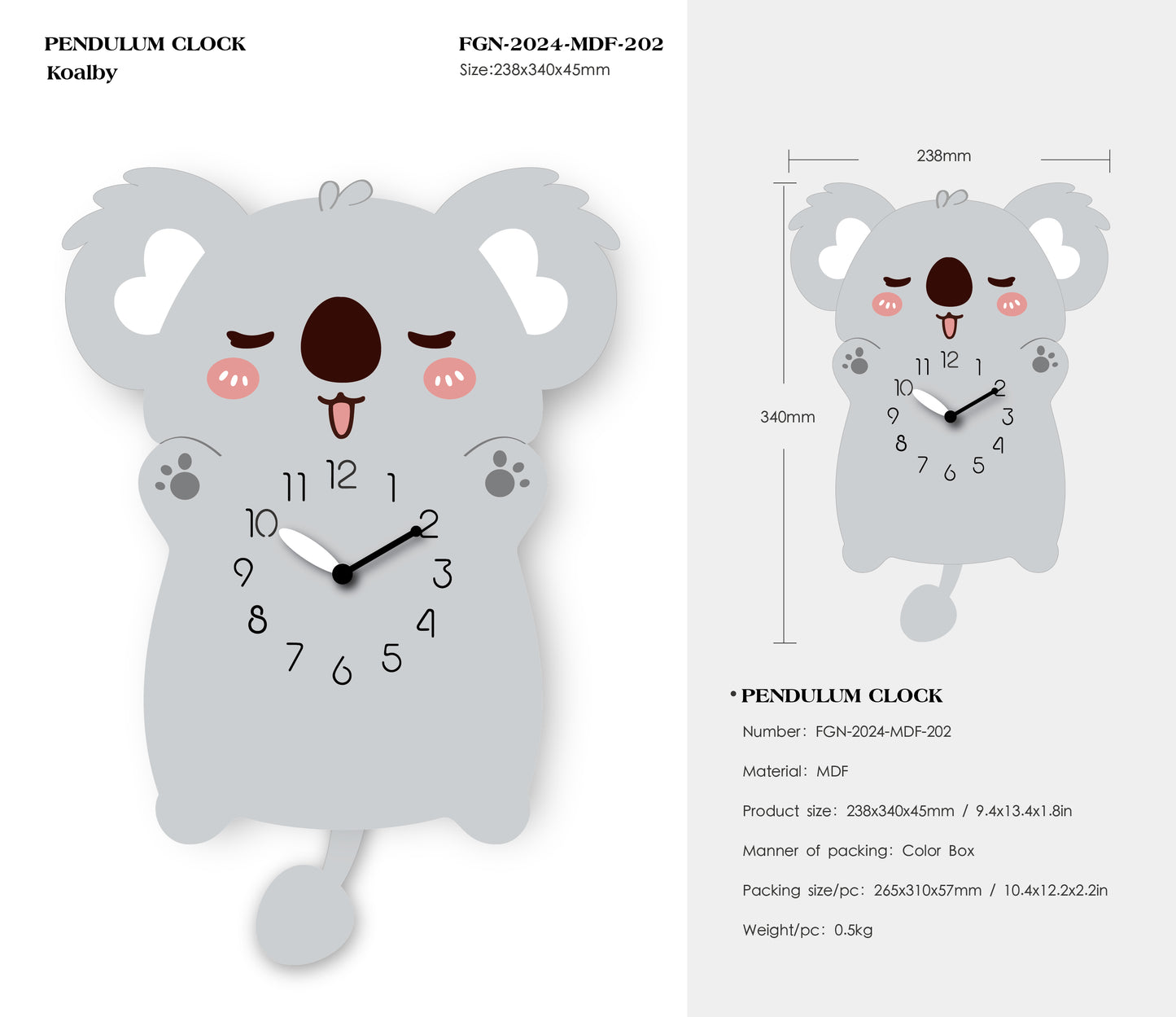 "Koalby" - Adorable Koala Shaped Pendulum Wall Clock, Cartoon Style, Warm Light-Grey, MDF, 9.4'x13.4'x1.8', Clock Box