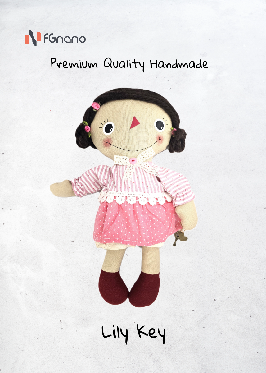 Lily Key – Handmade Little Girl Doll (14" x 10") -Exquisite Handmade Doll with Pink-Striped Dress & Dark Red Boots, 100% Premium Cotton, Unique Gift for fashion & Collectors
