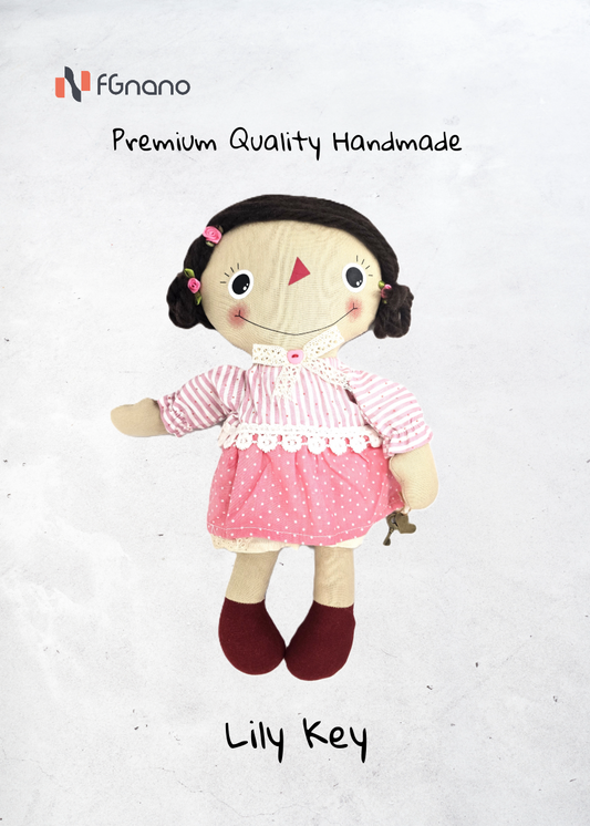 Lily Key – Handmade Little Girl Doll (14" x 10") -Exquisite Handmade Doll with Pink-Striped Dress & Dark Red Boots, 100% Premium Cotton, Unique Gift for fashion & Collectors