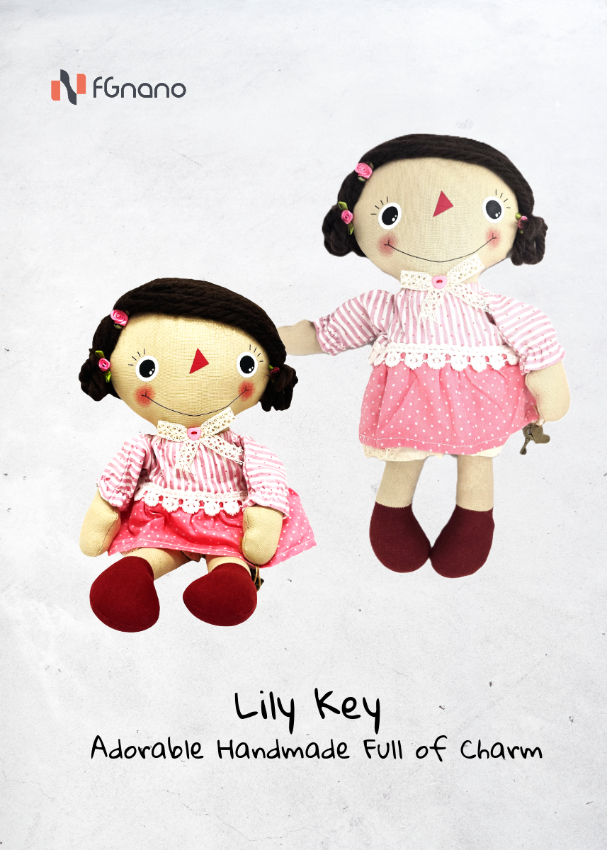 Lily Key – Handmade Little Girl Doll (14" x 10") -Exquisite Handmade Doll with Pink-Striped Dress & Dark Red Boots, 100% Premium Cotton, Unique Gift for fashion & Collectors