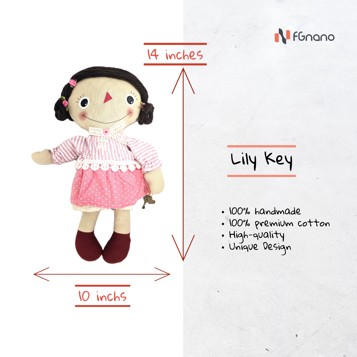 Lily Key – Handmade Little Girl Doll (14" x 10") -Exquisite Handmade Doll with Pink-Striped Dress & Dark Red Boots, 100% Premium Cotton, Unique Gift for fashion & Collectors