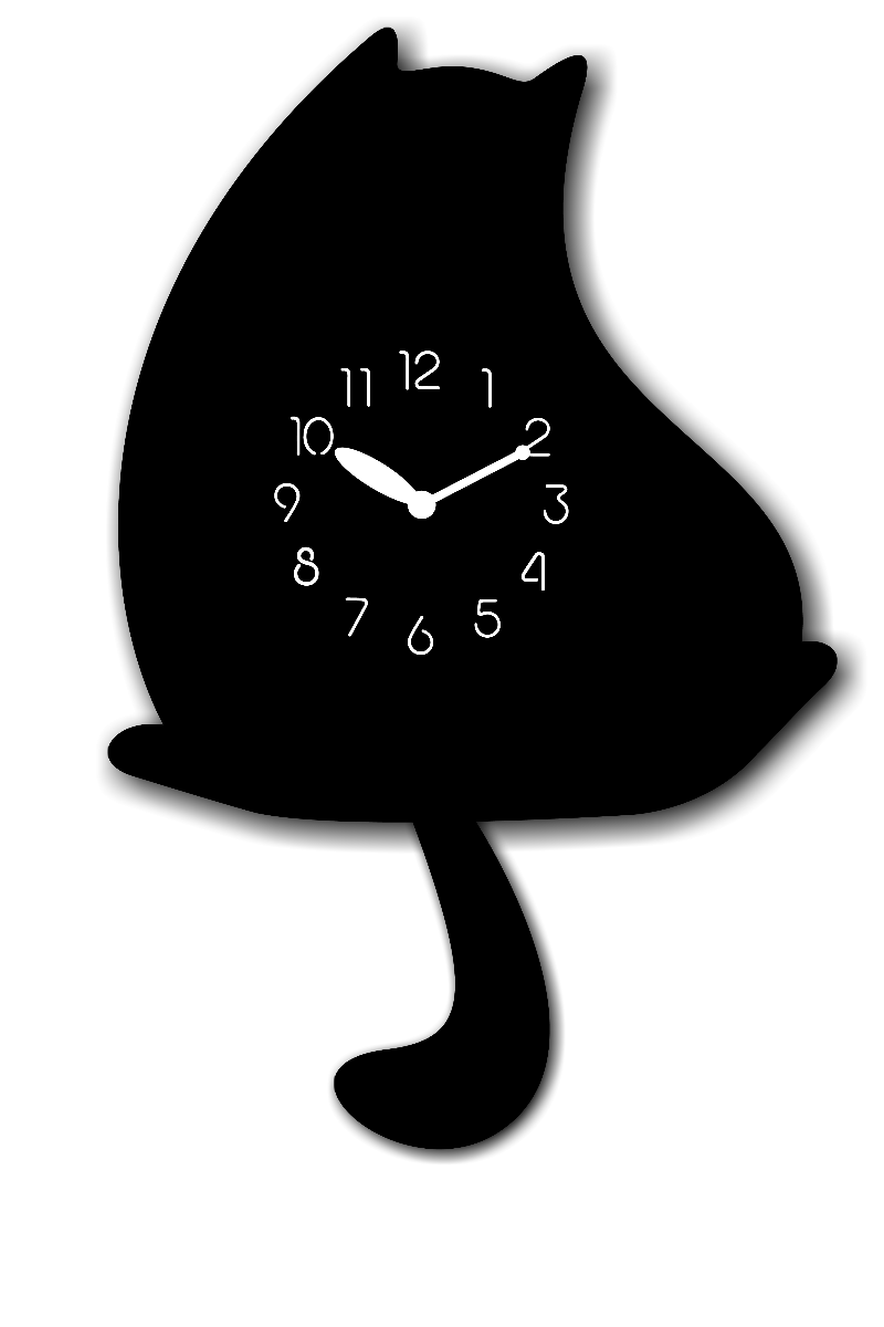"Shadow" - Adorable Cartoon Style Cat Shaped Pendulum Wall Clock, Black, MDF, 13.4'x9.2'x1.8', White Gift Box
