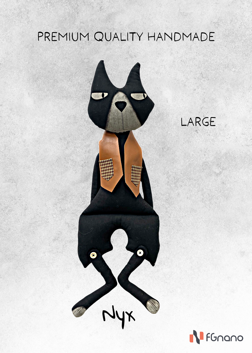 Nyx - Handmade Cool Cat Doll ( Black, 22"x8")-Exquisite Handmade Doll, Cool Black Cat with Brown Leather Vest, 100% Premium Cotton, Unique Gift for fashion & Collectors