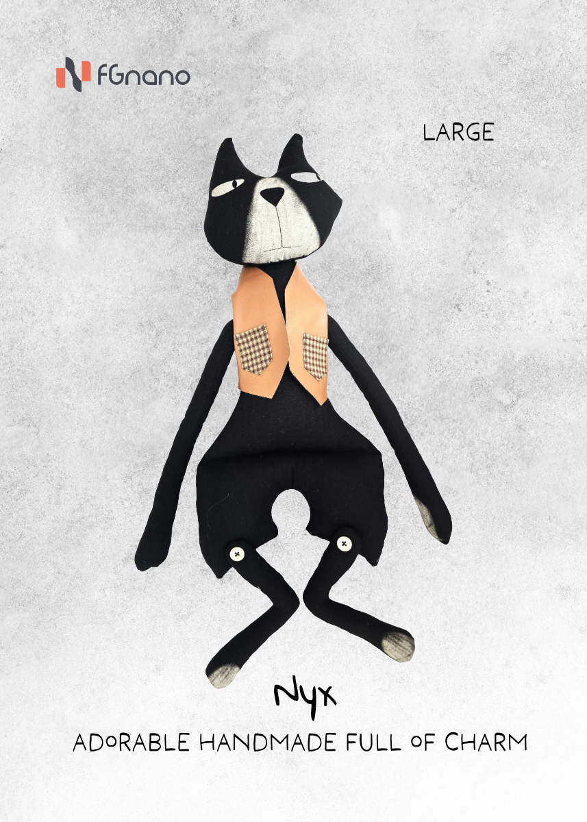Nyx - Handmade Cool Cat Doll ( Black, 22"x8")-Exquisite Handmade Doll, Cool Black Cat with Brown Leather Vest, 100% Premium Cotton, Unique Gift for fashion & Collectors