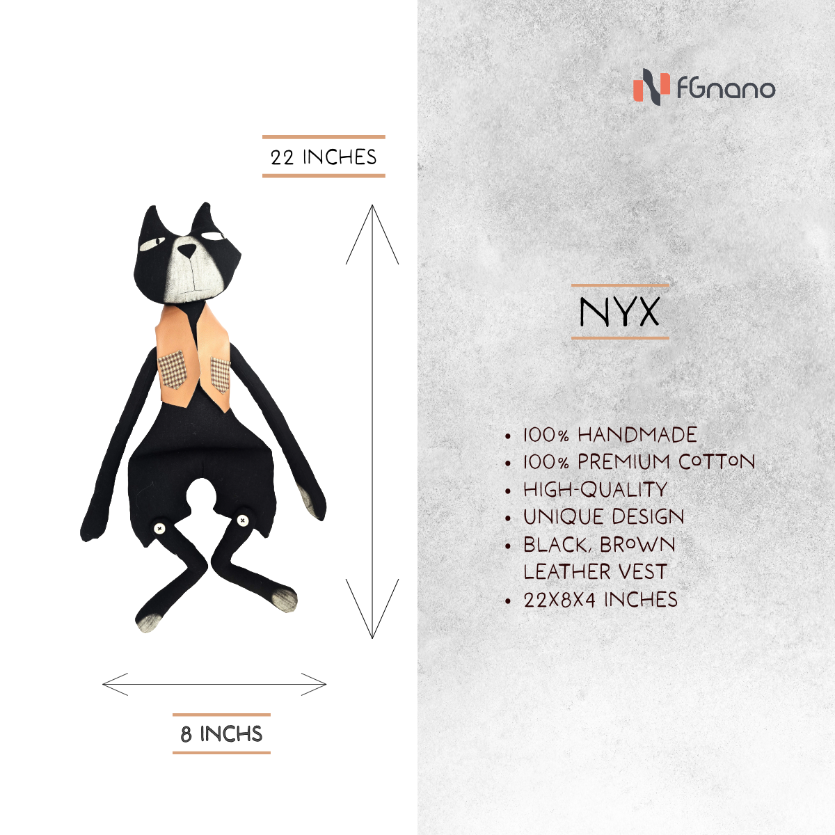 Nyx - Handmade Cool Cat Doll ( Black, 22"x8")-Exquisite Handmade Doll, Cool Black Cat with Brown Leather Vest, 100% Premium Cotton, Unique Gift for fashion & Collectors