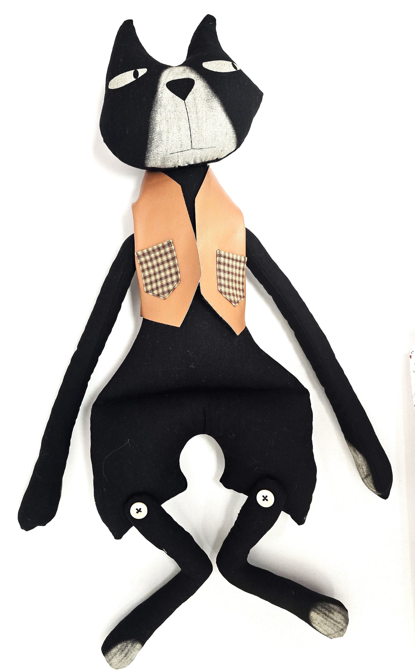 Nyx - Handmade Cool Cat Doll ( Black, 22"x8")-Exquisite Handmade Doll, Cool Black Cat with Brown Leather Vest, 100% Premium Cotton, Unique Gift for fashion & Collectors