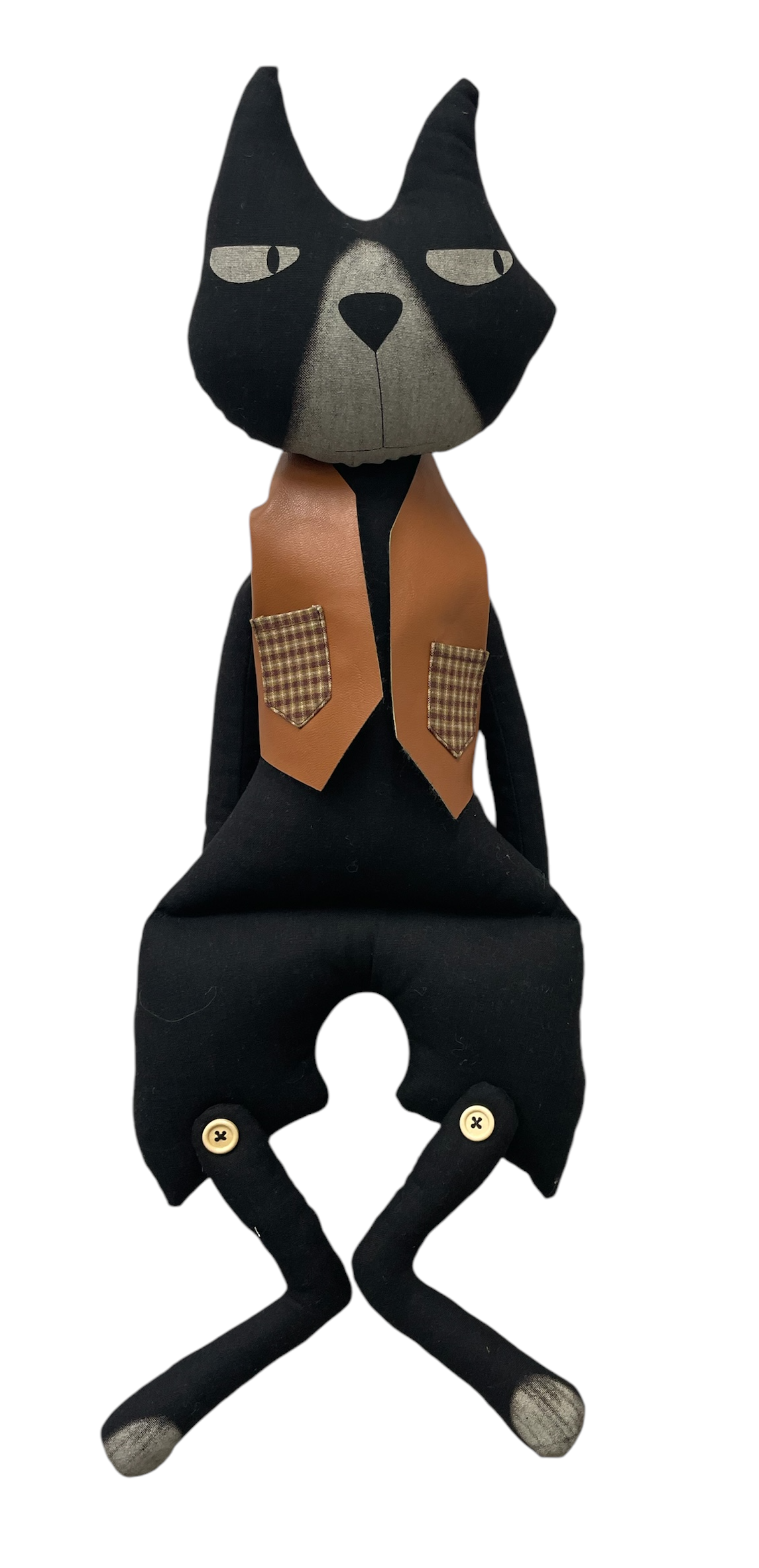 Nyx - Handmade Cool Cat Doll ( Black, 22"x8")-Exquisite Handmade Doll, Cool Black Cat with Brown Leather Vest, 100% Premium Cotton, Unique Gift for fashion & Collectors