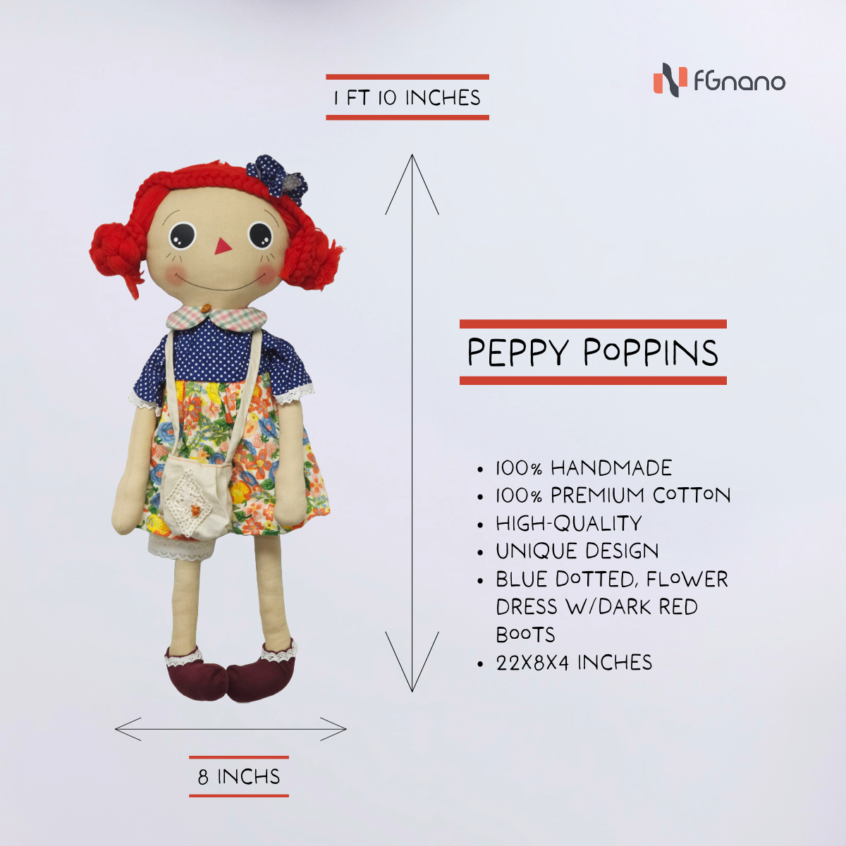 Penny Poppins - Premium Handmade Doll (22"x8"x4") - Exquisite Handmade, Adorable Poppins, Red Hair, Blue Dotted Shirt with Flower dress, Dark Red Boots, 100% Premium Cotton, Unique Gift for Fashion & Collectors