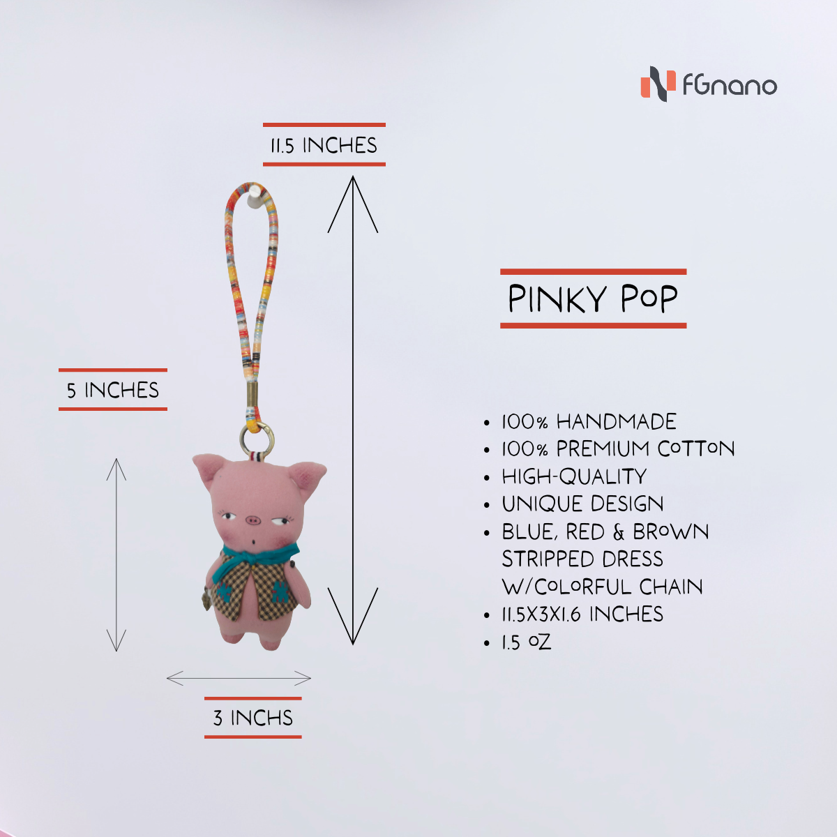 Pinky Pop Pig Bag Charm – Handmade Keychain with Gift Box & Striped Dress, 4.5"x3" – Cute Purse & Backpack Accessory, Fun Gift for Pig Lovers & Teens