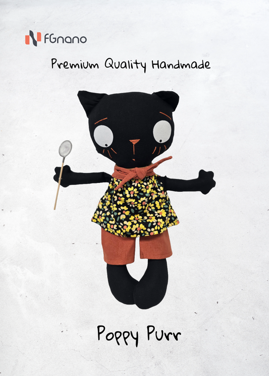 Poppy Purr - Premium Handmade Black-Cat Doll (12"x10"x3") - Exquisite Handmade from Luxe Fabrics, Doll,  fun and playful