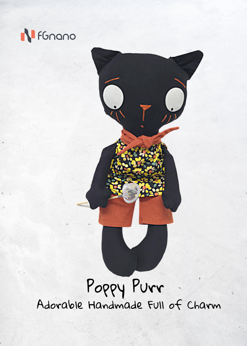 Poppy Purr - Premium Handmade Black-Cat Doll (12"x10"x3") - Exquisite Handmade from Luxe Fabrics, Doll,  fun and playful