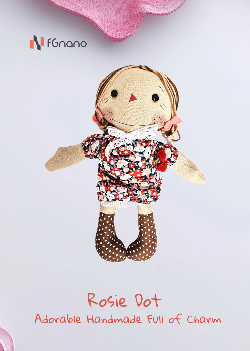 Rosie Dot – Premium Handmade Little Girl Doll (12" x 12") -Exquisite Handmade Doll with Pink-Flowered Dress & Brown Dotted Boots, 100% Premium Cotton, Unique Gift for fashion & Collectors