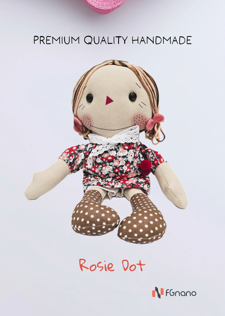 Rosie Dot – Premium Handmade Little Girl Doll (12" x 12") -Exquisite Handmade Doll with Pink-Flowered Dress & Brown Dotted Boots, 100% Premium Cotton, Unique Gift for fashion & Collectors