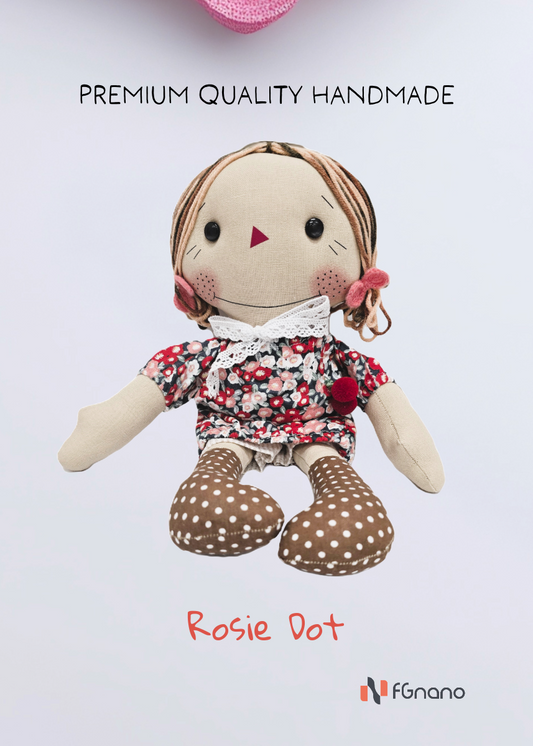 Rosie Dot – Premium Handmade Little Girl Doll (12" x 12") -Exquisite Handmade Doll with Pink-Flowered Dress & Brown Dotted Boots, 100% Premium Cotton, Unique Gift for fashion & Collectors