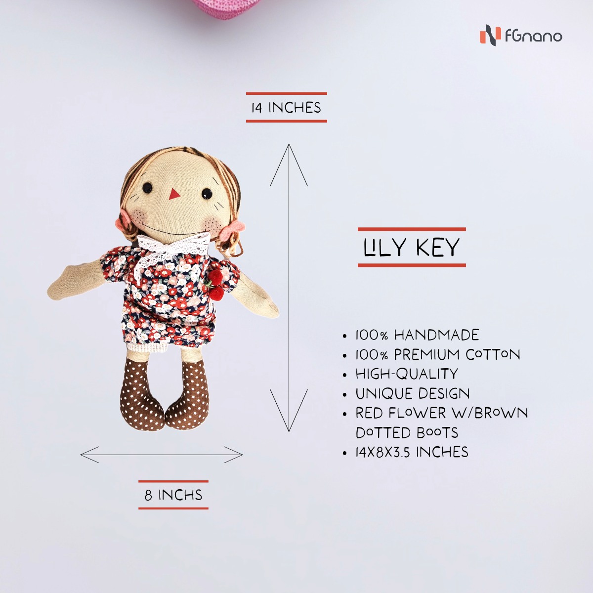 Rosie Dot – Premium Handmade Little Girl Doll (12" x 12") -Exquisite Handmade Doll with Pink-Flowered Dress & Brown Dotted Boots, 100% Premium Cotton, Unique Gift for fashion & Collectors