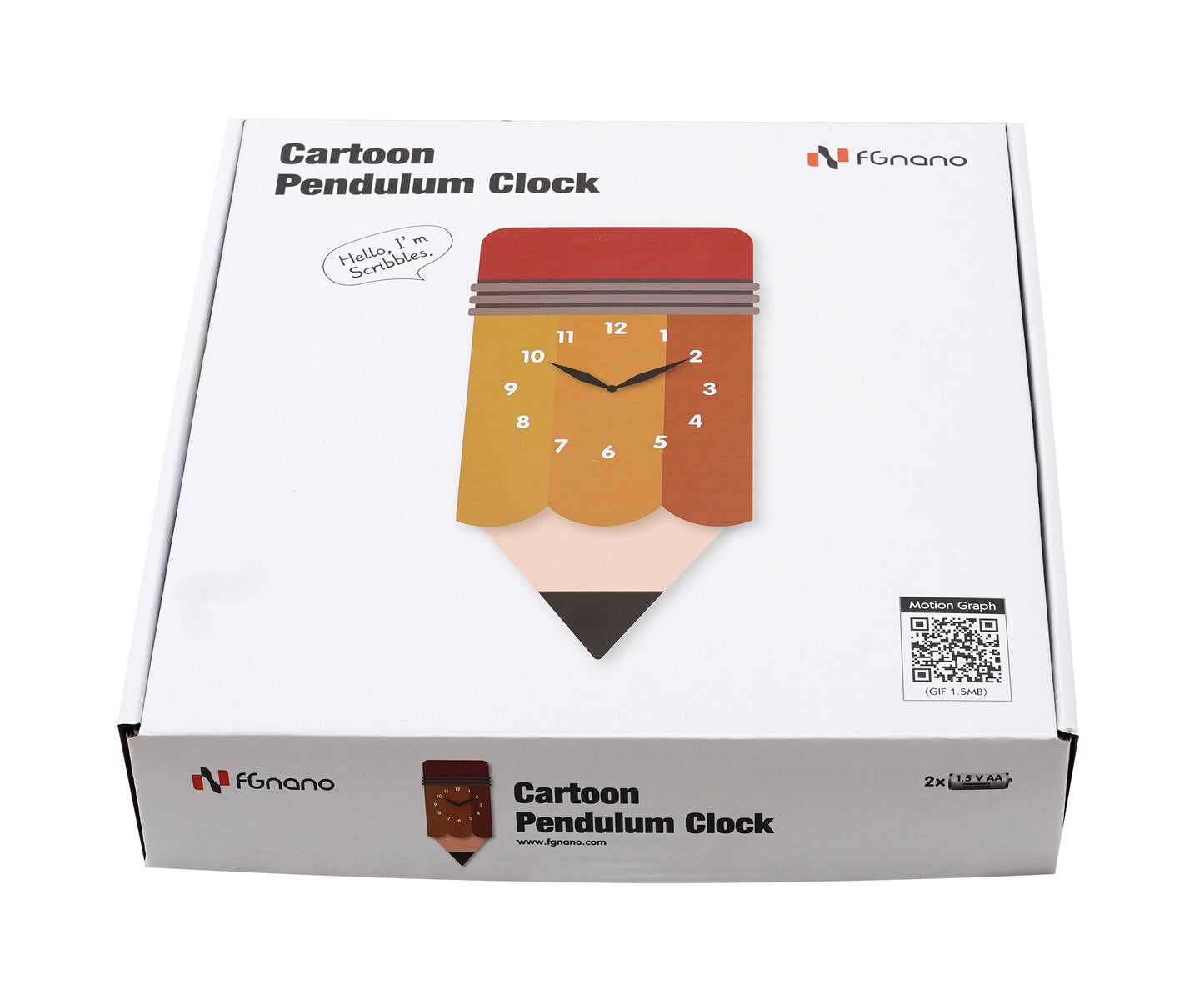 "Scribbles" Adorable Pencil-Shaped Pendulum Wall Clock, Cartoon Style, Rainbow Colored, MDF, 13.6'x6.5'x1.8', White Gift Box