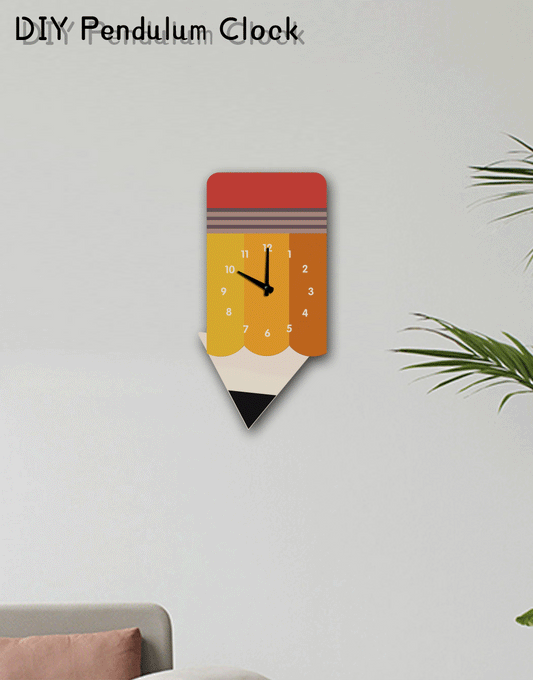 "Scribbles" Adorable Pencil-Shaped Pendulum Wall Clock, Cartoon Style, Rainbow Colored, MDF, 13.6'x6.5'x1.8', White Gift Box