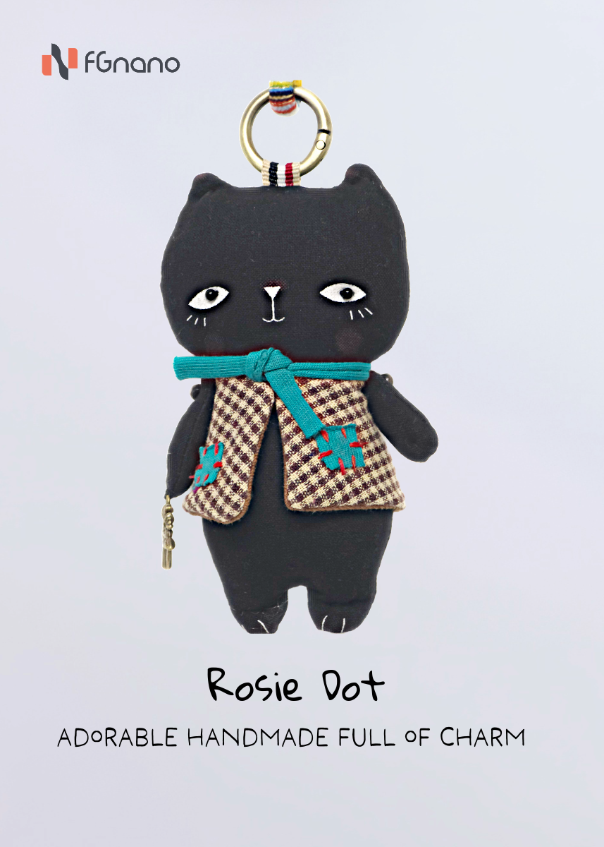 "Shadow Paws" – Exquisite Handmade Black Cat Doll with Teal Scarf & Checkered Vest, 100% Premium Cotton, 4.75" Mini Companion with Colorful Hanging Loop, Bag Charm, Unique Gift for fashion & Collectors