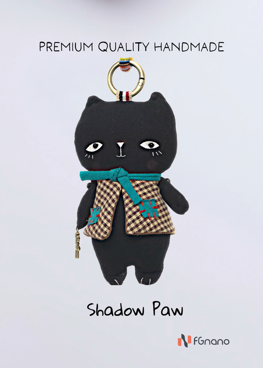 "Shadow Paws" – Exquisite Handmade Black Cat Doll with Teal Scarf & Checkered Vest, 100% Premium Cotton, 4.75" Mini Companion with Colorful Hanging Loop, Bag Charm, Unique Gift for fashion & Collectors