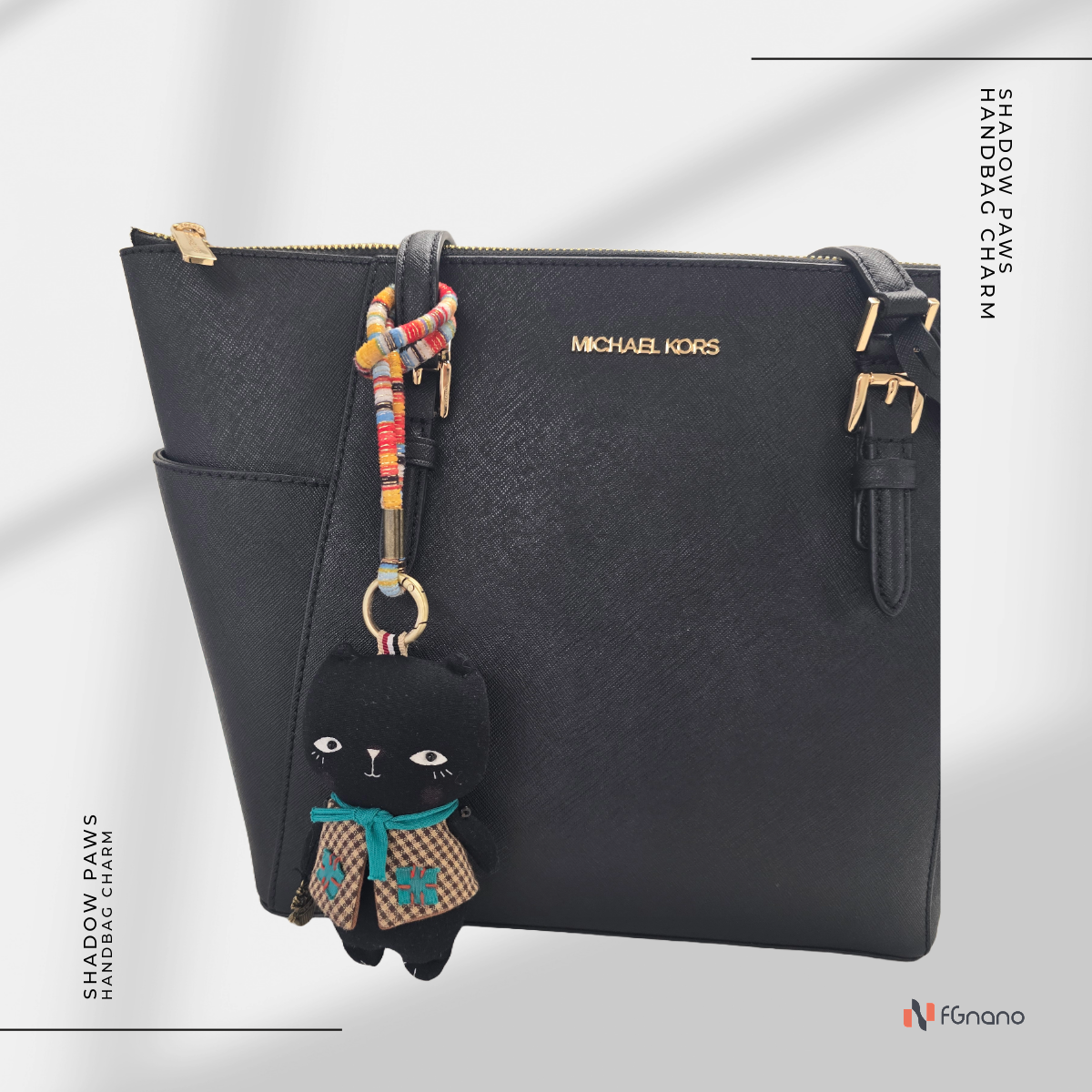 "Shadow Paws" – Exquisite Handmade Black Cat Doll with Teal Scarf & Checkered Vest, 100% Premium Cotton, 4.75" Mini Companion with Colorful Hanging Loop, Bag Charm, Unique Gift for fashion & Collectors