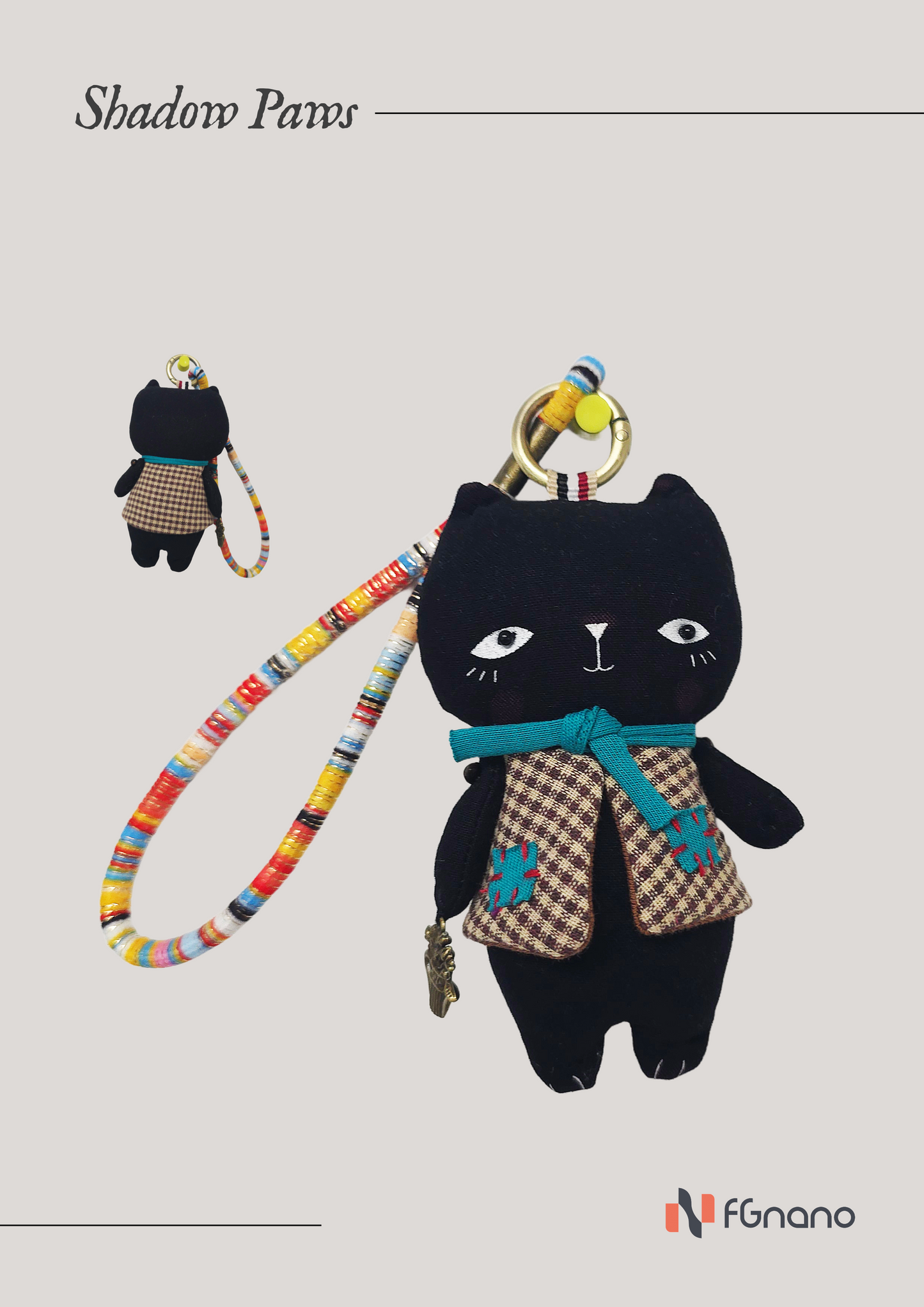 "Shadow Paws" – Exquisite Handmade Black Cat Doll with Teal Scarf & Checkered Vest, 100% Premium Cotton, 4.75" Mini Companion with Colorful Hanging Loop, Bag Charm, Unique Gift for fashion & Collectors