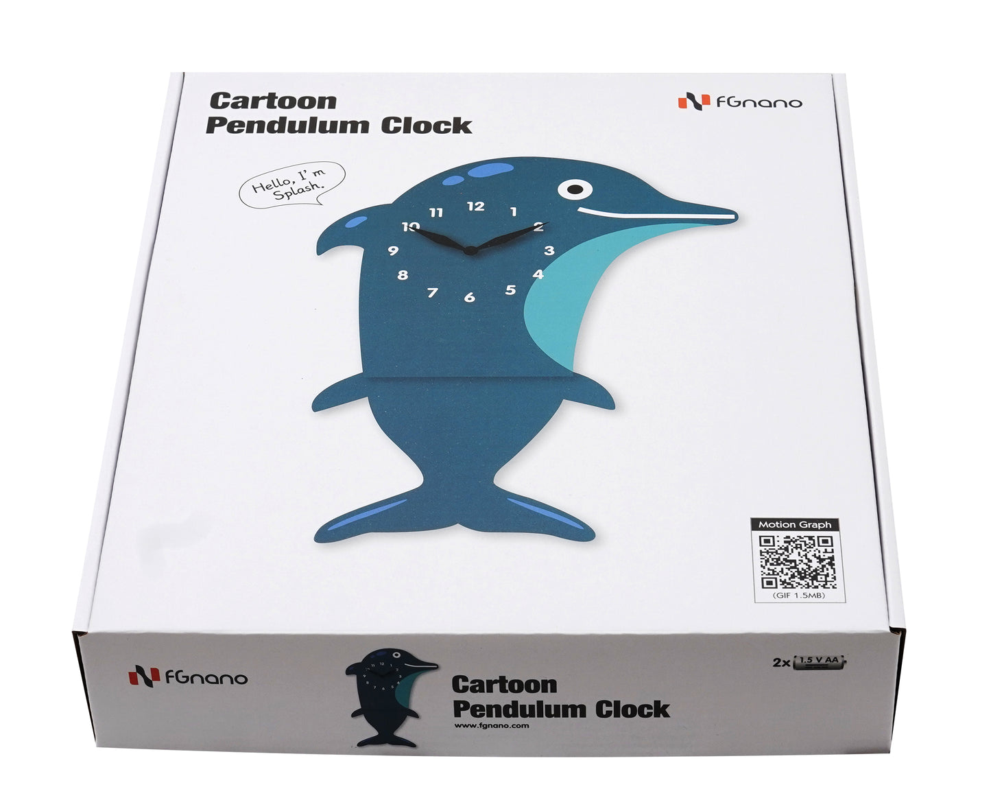 "Splash" - Playful Dolphin Pendulum Wall Clock, Cartoon Style, Dark/Light Blue, MDF, 14.2'x10'x1.8', Elegant Gift Box