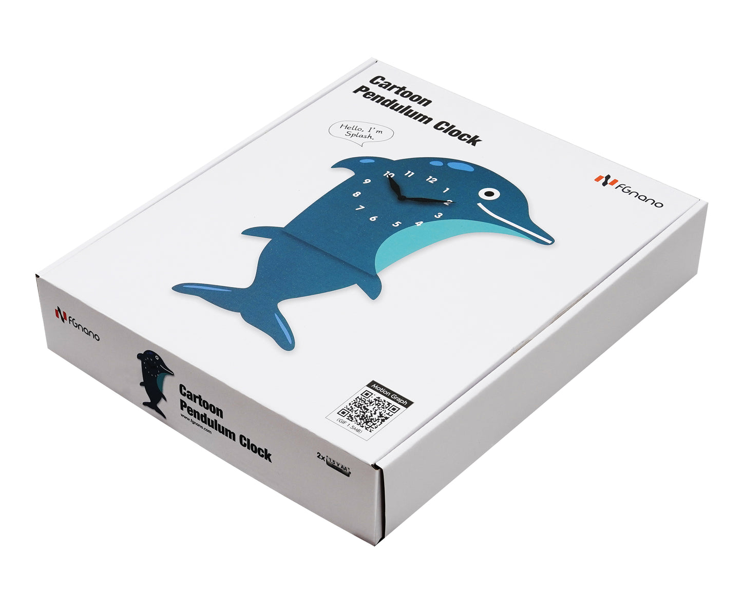 "Splash" - Playful Dolphin Pendulum Wall Clock, Cartoon Style, Dark/Light Blue, MDF, 14.2'x10'x1.8', Elegant Gift Box