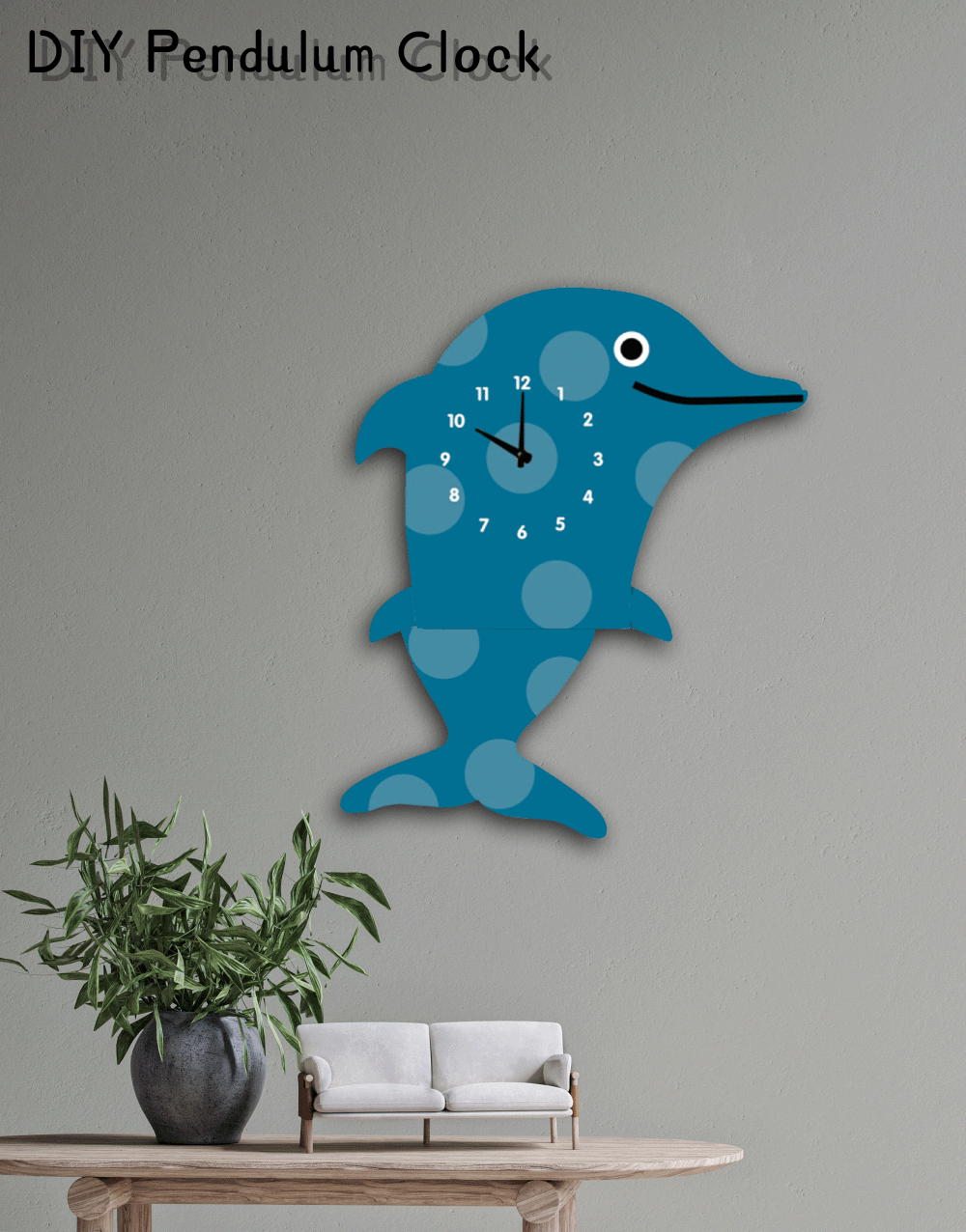 "Splash" - Playful Dolphin Pendulum Wall Clock, Cartoon Style, Dark/Light Blue, MDF, 14.2'x10'x1.8', Elegant Gift Box
