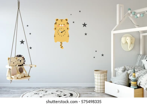 "Stripes" - Adorable Tiger-Shaped Pendulum Wall Clock, Cartoon Style, Earthy Orange, MDF, 13.6'x6.9'x1.8', Gift Box