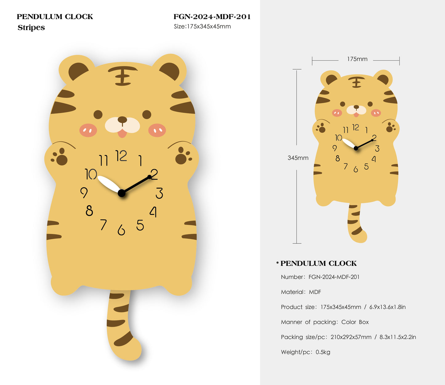 "Stripes" - Adorable Tiger-Shaped Pendulum Wall Clock, Cartoon Style, Earthy Orange, MDF, 13.6'x6.9'x1.8', Gift Box