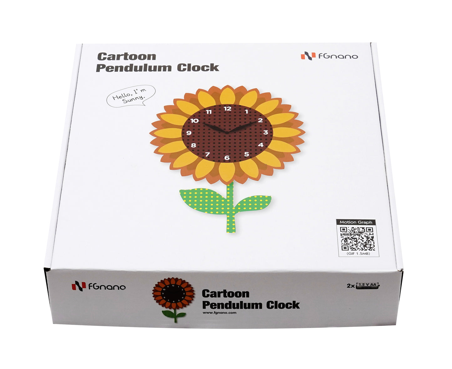 "Sunny" - Vibrant, Cheerful, Nature-Inspired Sunflower Shaped Pendulum Wall Clock, Cartoon Style, Golden Yellow/Brown/Light Green, MDF, 13.4'x9.3'x1.8', White Gift Box