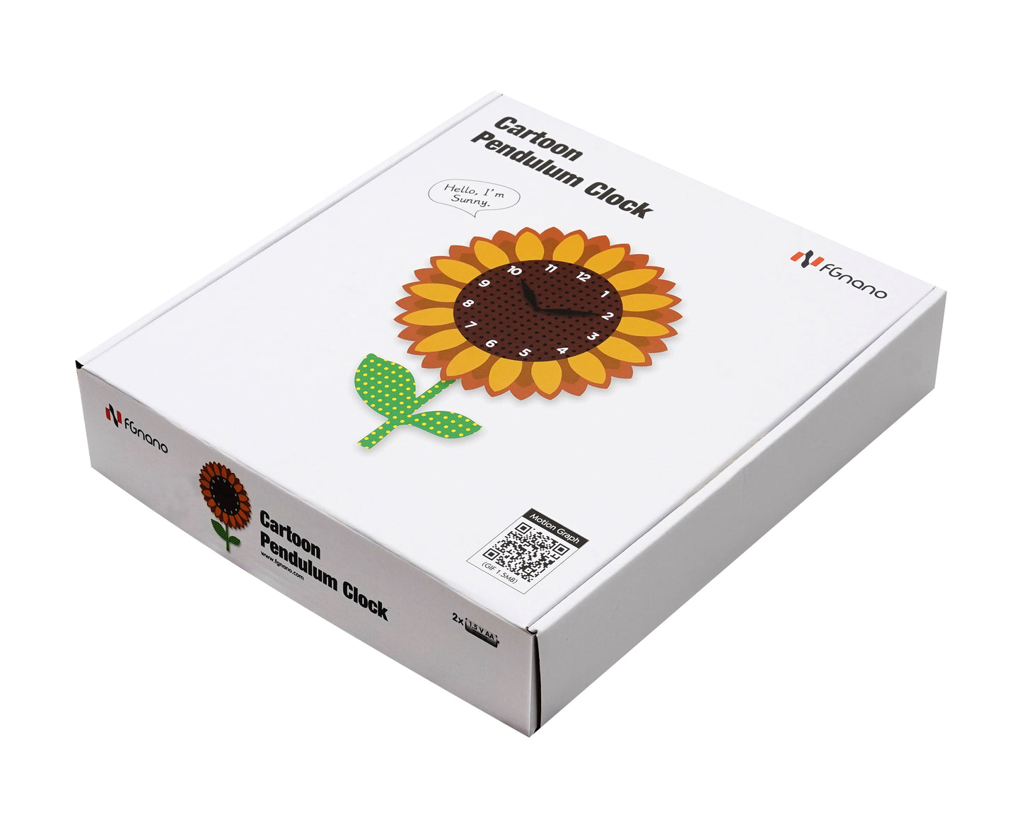 "Sunny" - Vibrant, Cheerful, Nature-Inspired Sunflower Shaped Pendulum Wall Clock, Cartoon Style, Golden Yellow/Brown/Light Green, MDF, 13.4'x9.3'x1.8', White Gift Box