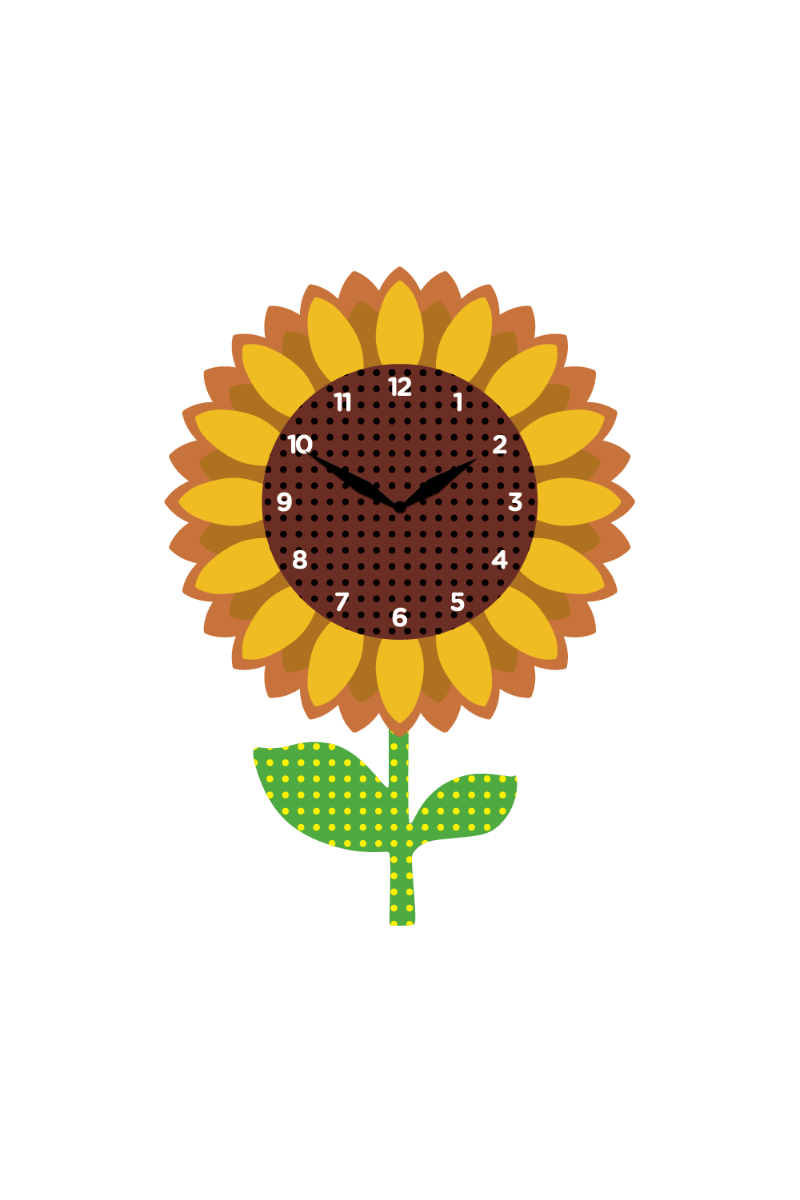 "Sunny" - Vibrant, Cheerful, Nature-Inspired Sunflower Shaped Pendulum Wall Clock, Cartoon Style, Golden Yellow/Brown/Light Green, MDF, 13.4'x9.3'x1.8', White Gift Box