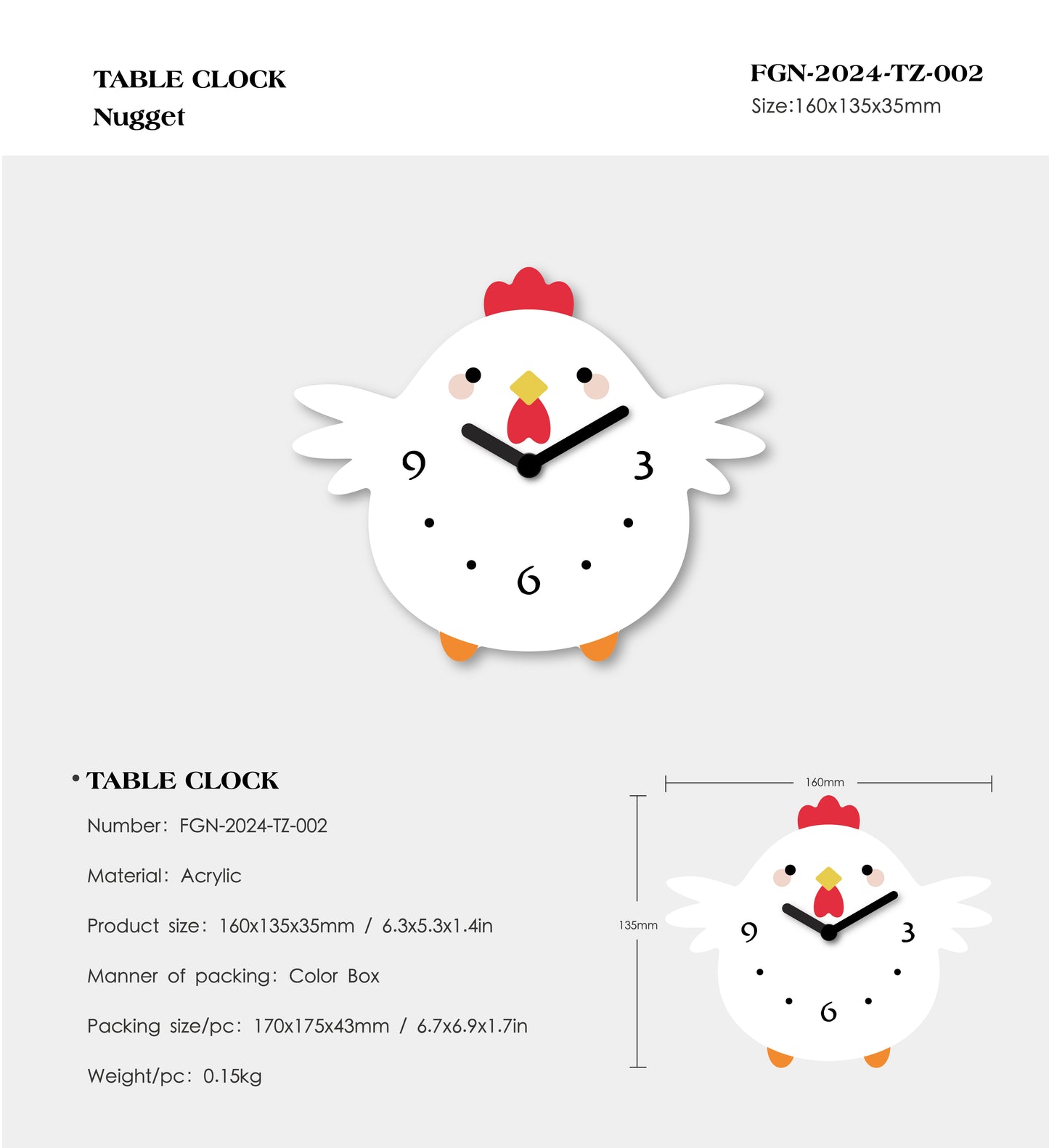 "Nugget" - FGnano Adorable Baby Chick Shaped Clock, Cartoon Style, Acrylic, White Gift Box