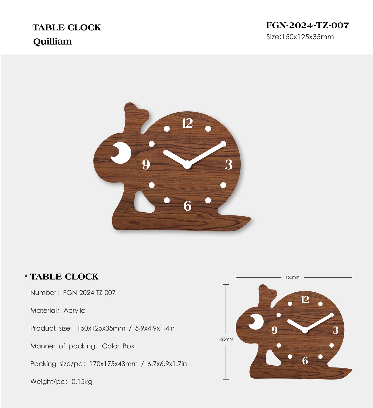 "Quiliam" - Playful Snail Shaped Table Clock, Cartoon Style, Warm Brown, Arcylic, 5.9'x4.9'x1.4', Clock Gift Box