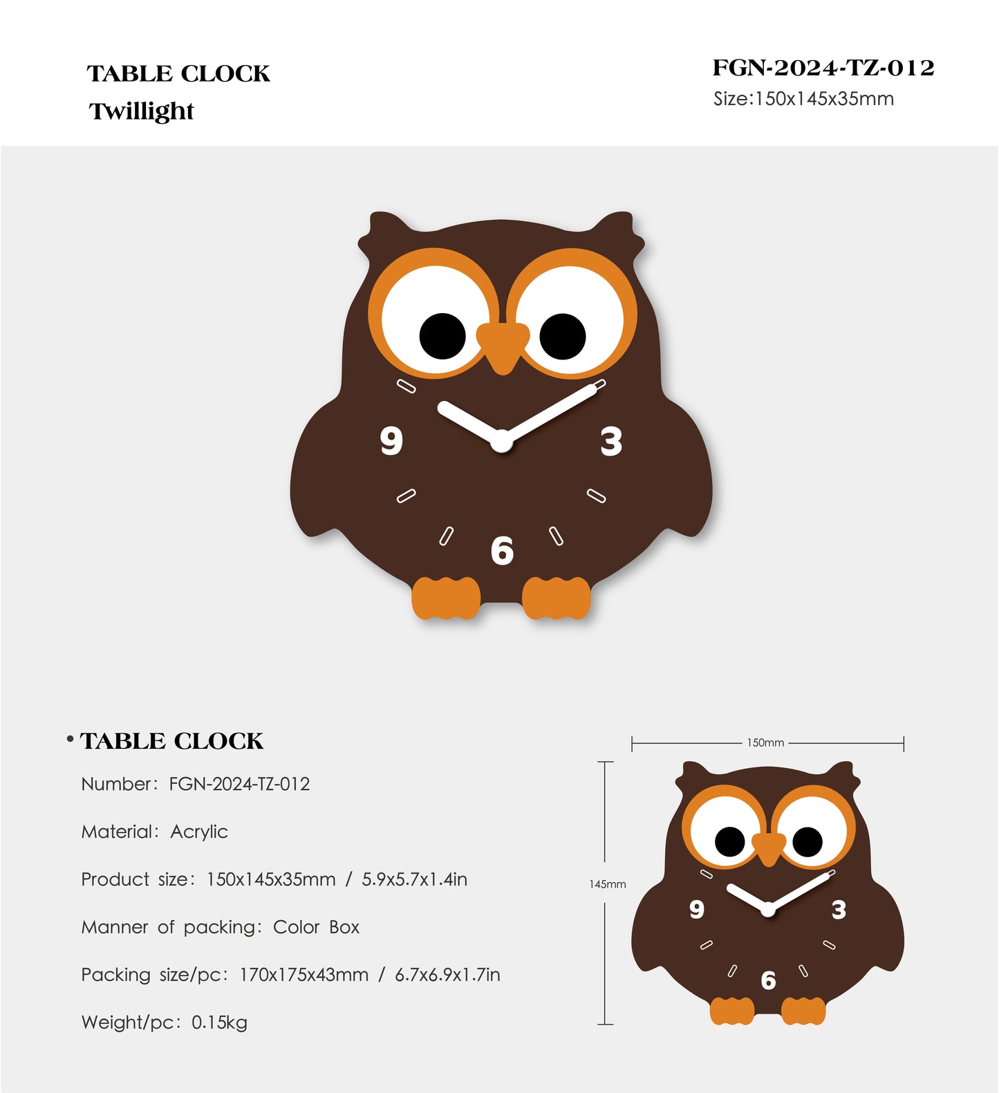 "Twilight" - Charming Owl Shaped Table Clock, Cartoon Style, Brown, Acrylic, 5.9'x5.7'x1.4', White Gift Box