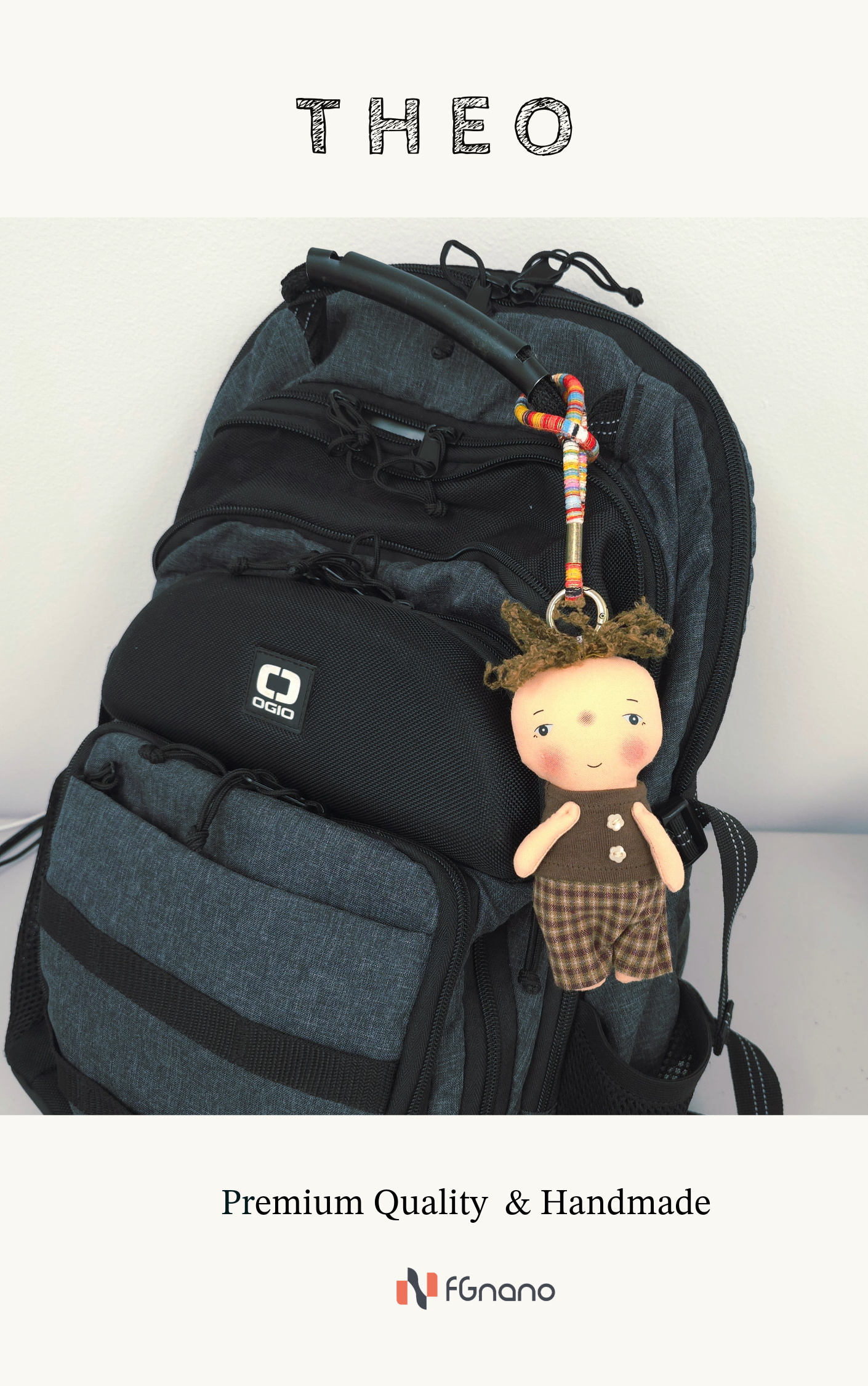 Theo Handmade Cotton Bag Charm – Cute Boy Keychain, Stylish Purse & Backpack Accessory, Great Gift for Women, Girls & Teens