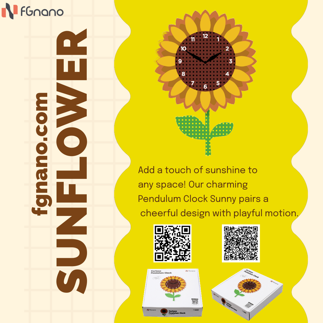 "Sunny" - Vibrant, Cheerful, Nature-Inspired Sunflower Shaped Pendulum Wall Clock, Cartoon Style, Golden Yellow/Brown/Light Green, MDF, 13.4'x9.3'x1.8', White Gift Box