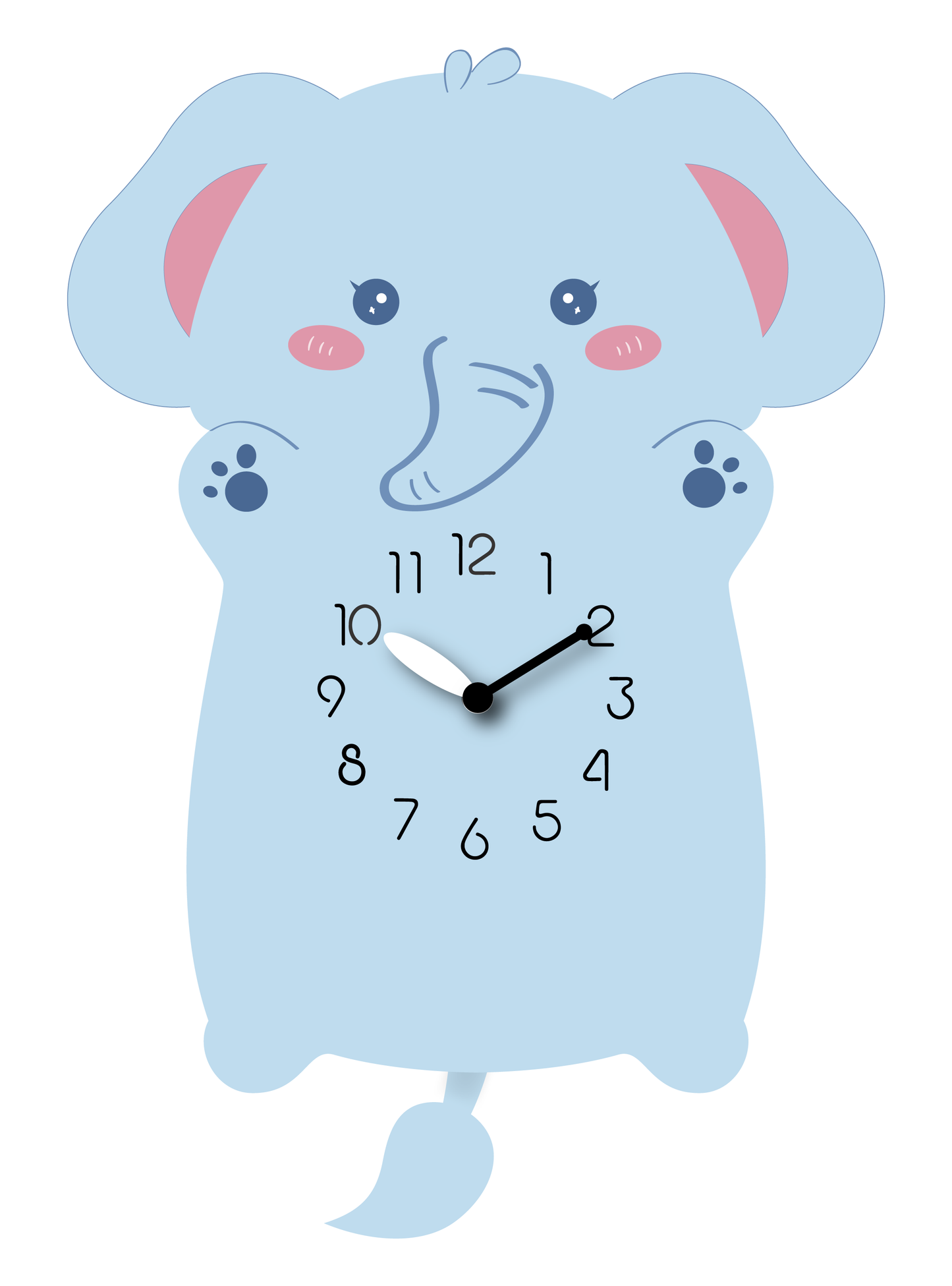 "Williow" Delightful Light Blue/Pink Elephant Shaped Pendulum Wall Clock, Playful Cartoon Style, MDF, 13.6'x9.4'x1.8', White Gift Box