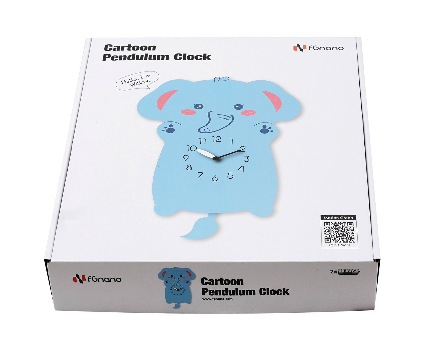"Williow" Delightful Light Blue/Pink Elephant Shaped Pendulum Wall Clock, Playful Cartoon Style, MDF, 13.6'x9.4'x1.8', White Gift Box