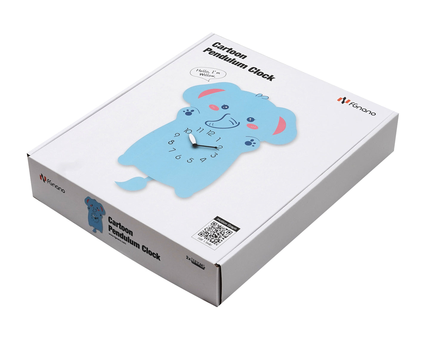"Williow" Delightful Light Blue/Pink Elephant Shaped Pendulum Wall Clock, Playful Cartoon Style, MDF, 13.6'x9.4'x1.8', White Gift Box