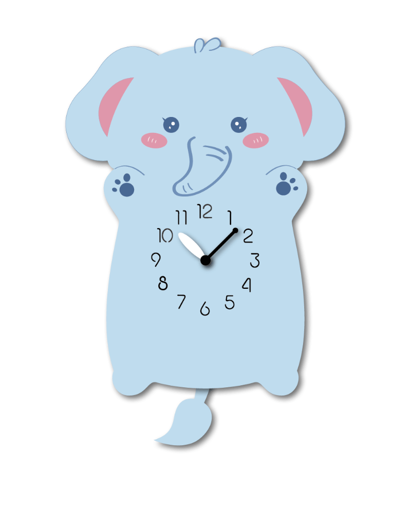 "Williow" Delightful Light Blue/Pink Elephant Shaped Pendulum Wall Clock, Playful Cartoon Style, MDF, 13.6'x9.4'x1.8', White Gift Box