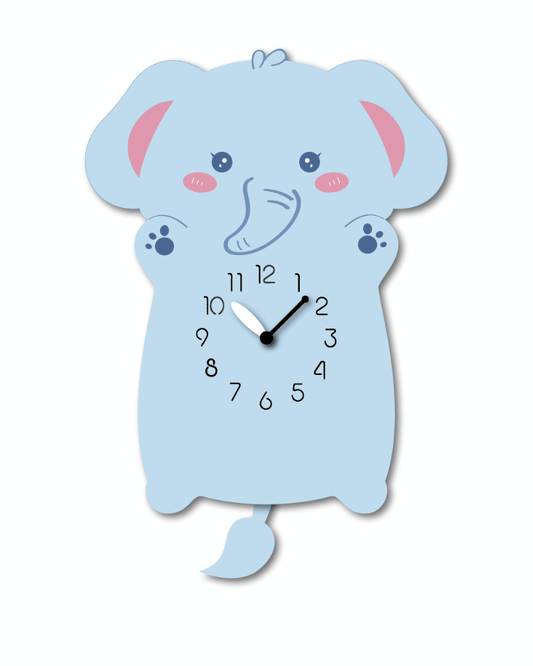 "Williow" Delightful Light Blue/Pink Elephant Shaped Pendulum Wall Clock, Playful Cartoon Style, MDF, 13.6'x9.4'x1.8', White Gift Box